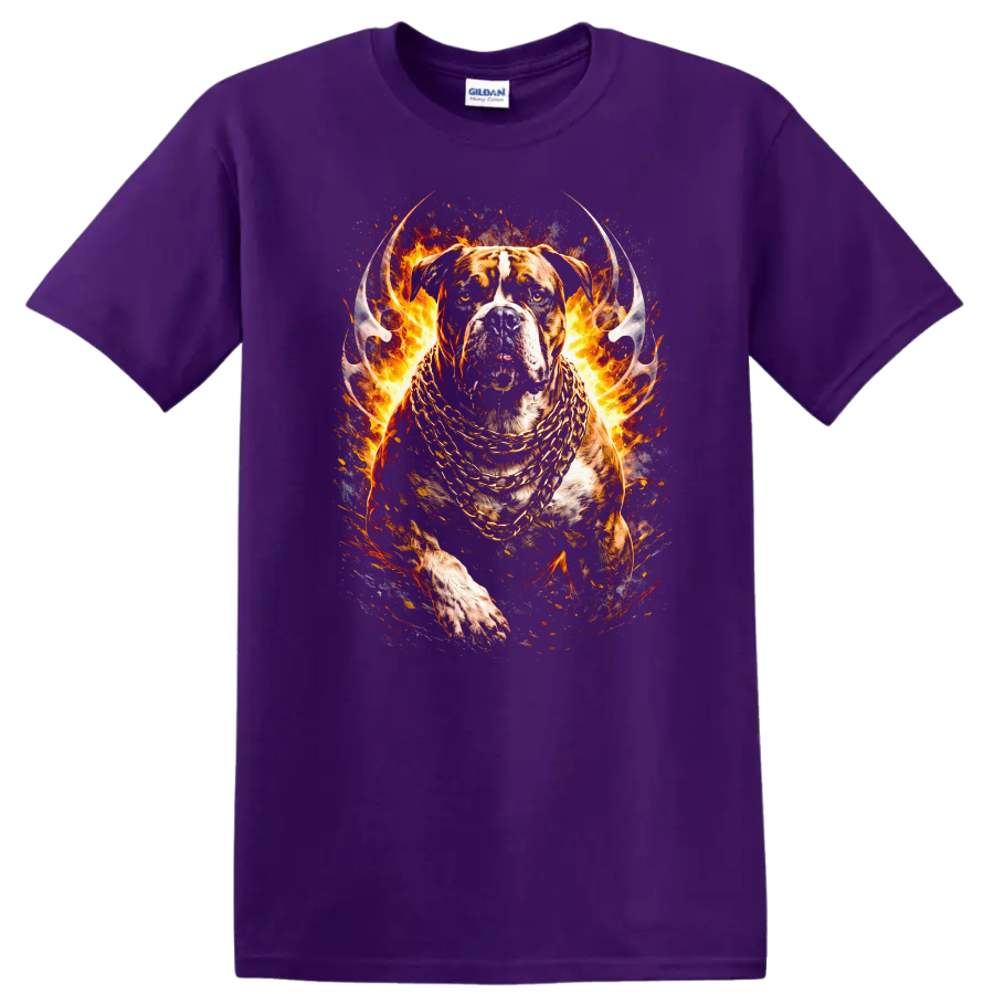 Fiery Pit Bull Dog with Gold Chains Animal T Shirt - Purple
