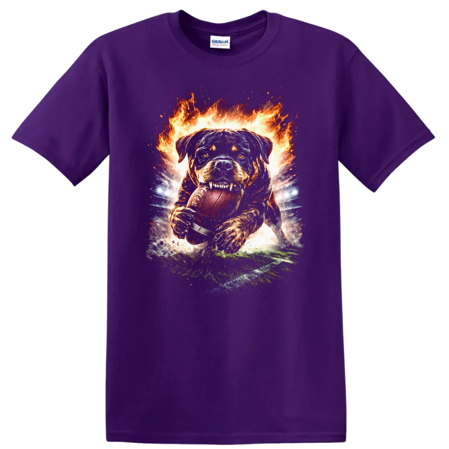 Flaming Football Dog Catching Ball Action Sports T Shirt - Purple