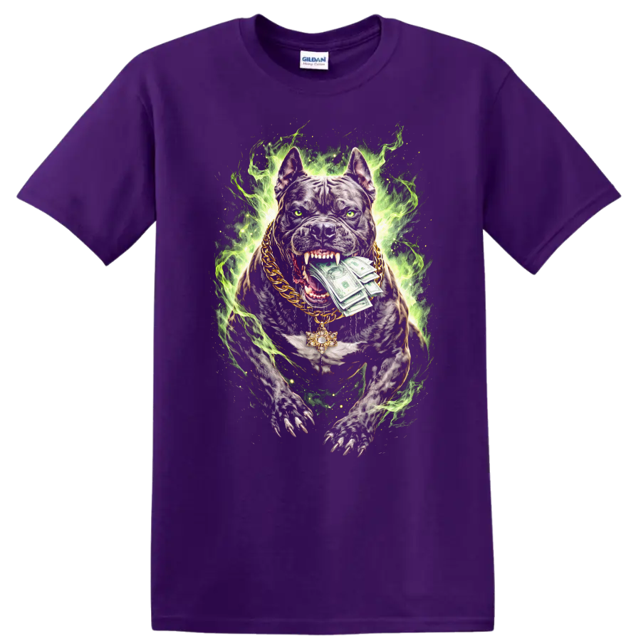 Neon Pitbull Money Dog Graphic T Shirt Fierce Streetwear Style - Purple