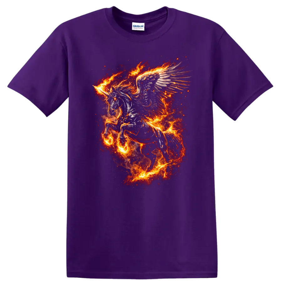 Fiery Winged Unicorn T Shirt Fantasy Animal Flame Art Graphic - Purple