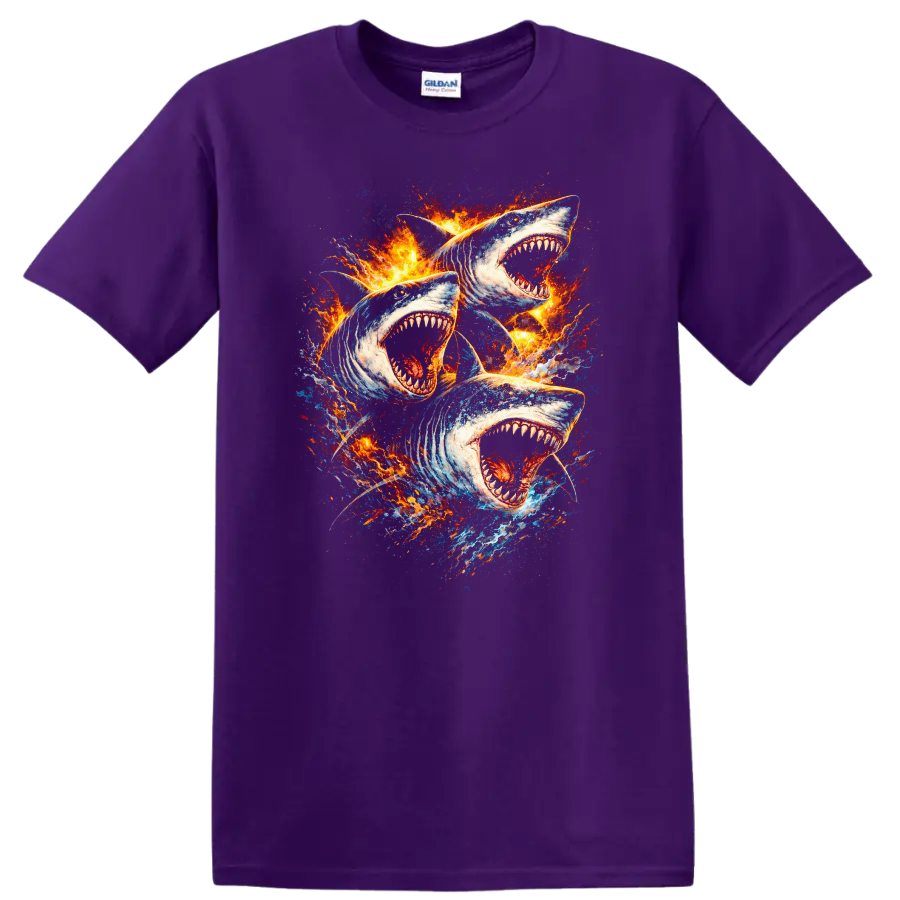 Fire Shark Trio Graphic T Shirt Bold Ocean Predator - Purple