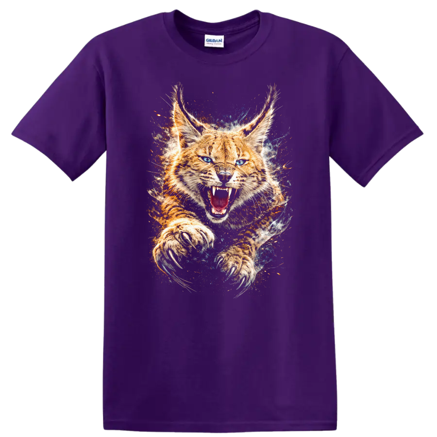 Roaring Bobcat Big Cat Claw Strike T Shirt Wild Animal Graphic - Purple
