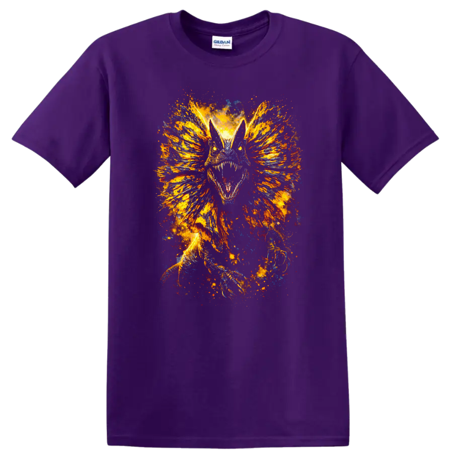 Fiery Dragon Beast Explosion Art Graphic T Shirt for Bold Fantasy Fans - Purple