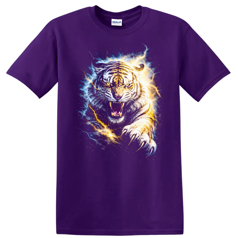 Fierce White Tiger Lightning Burst Graphic T Shirt Unisex Animal Art - Purple
