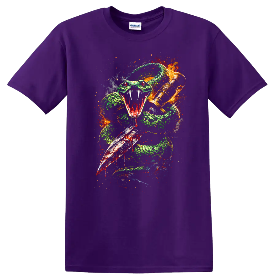 Fierce Snake and Sword Graphic T Shirt Green Fire Fantasy Animal - Purple
