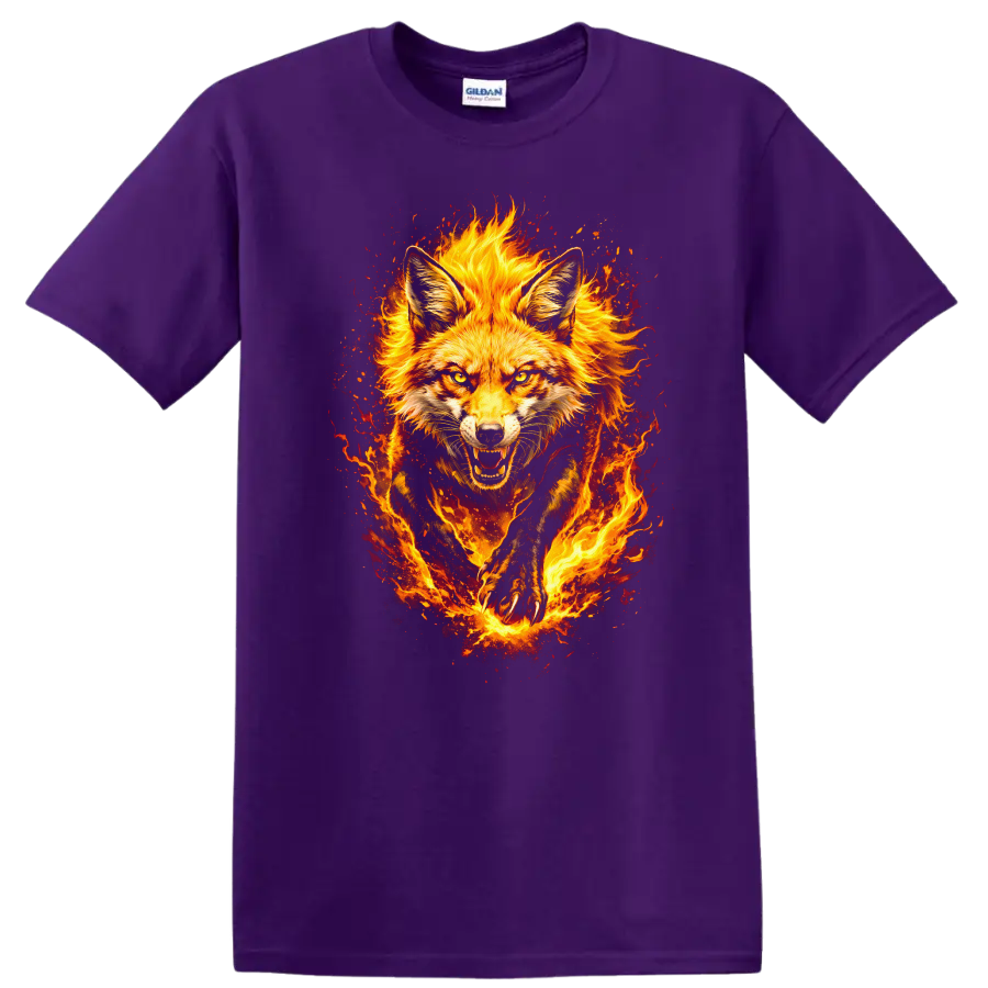 Fiery Fox Animal Art T Shirt Burning Wild Fox Portrait Graphic - Purple