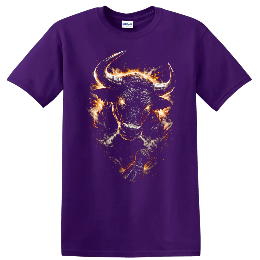 Flaming Bull Head Graphic T Shirt Fierce Western Animal Design - Purple