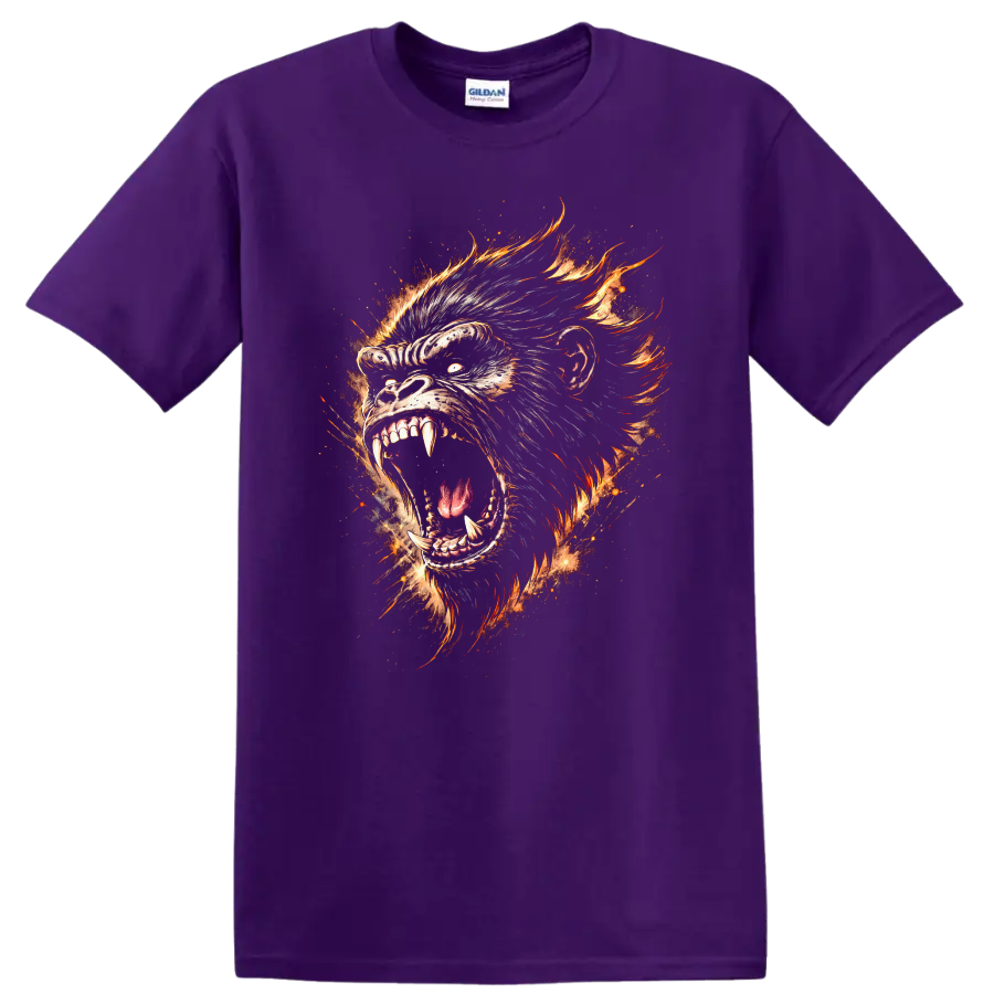 Fiery Gorilla Primate Head Graphic T Shirt for Animal Lovers - Purple