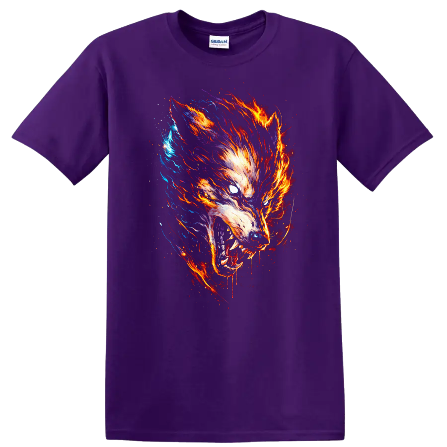 Fiery Wolf Head Graphic T Shirt for Animal Art Lovers - Purple