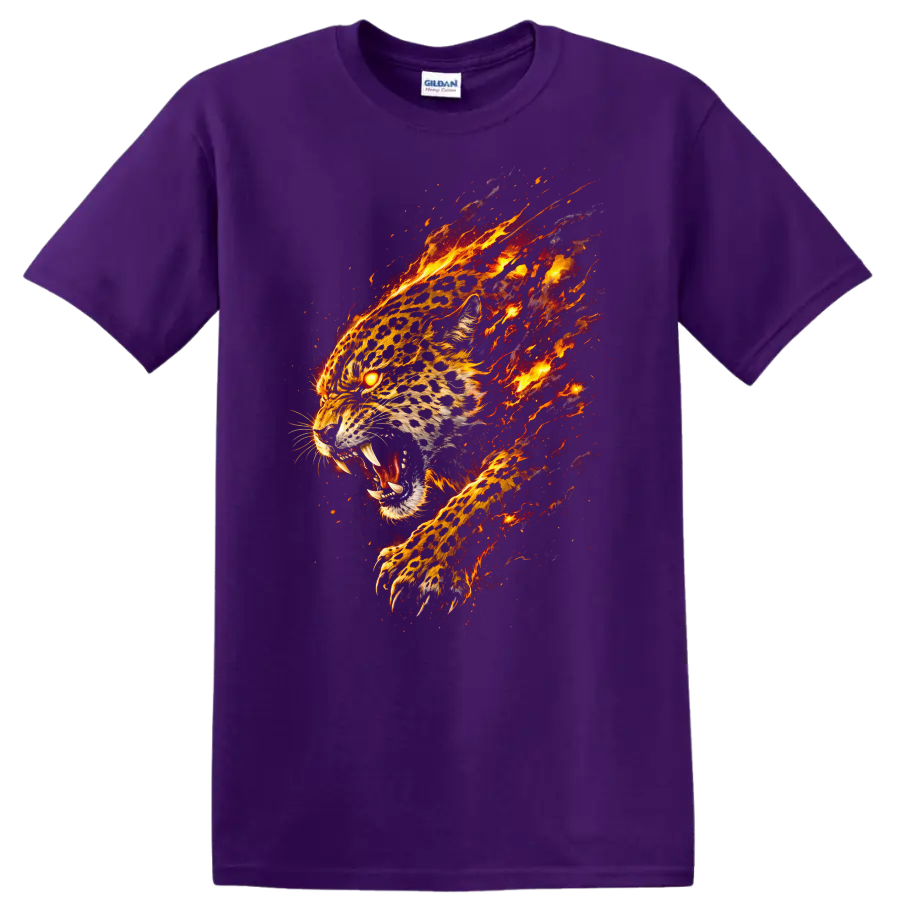 Fiery Flaming Leopard Head T Shirt Bold Animal Graphic for Nature Lovers - Purple