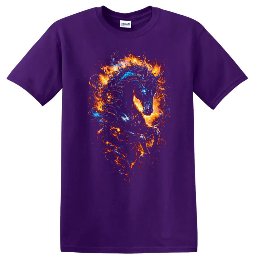 Fiery Blue and Orange Horse Art T Shirt for Animal Lovers - Purple