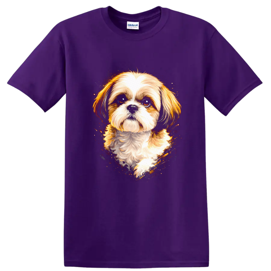 Shih Tzu Dog Portrait Watercolor Splash T Shirt on a Purple T Shirt