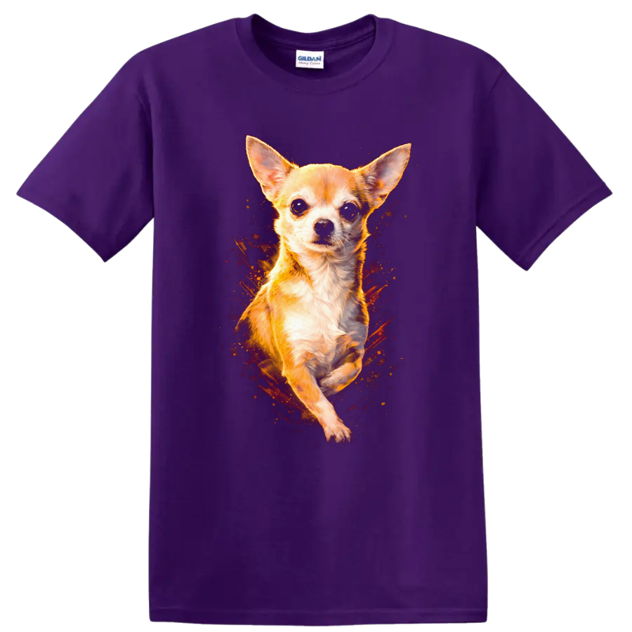 Chihuahua Dog Portrait Fire Burst Graphic T Shirt for Dog Lovers on a Purple T Shirt