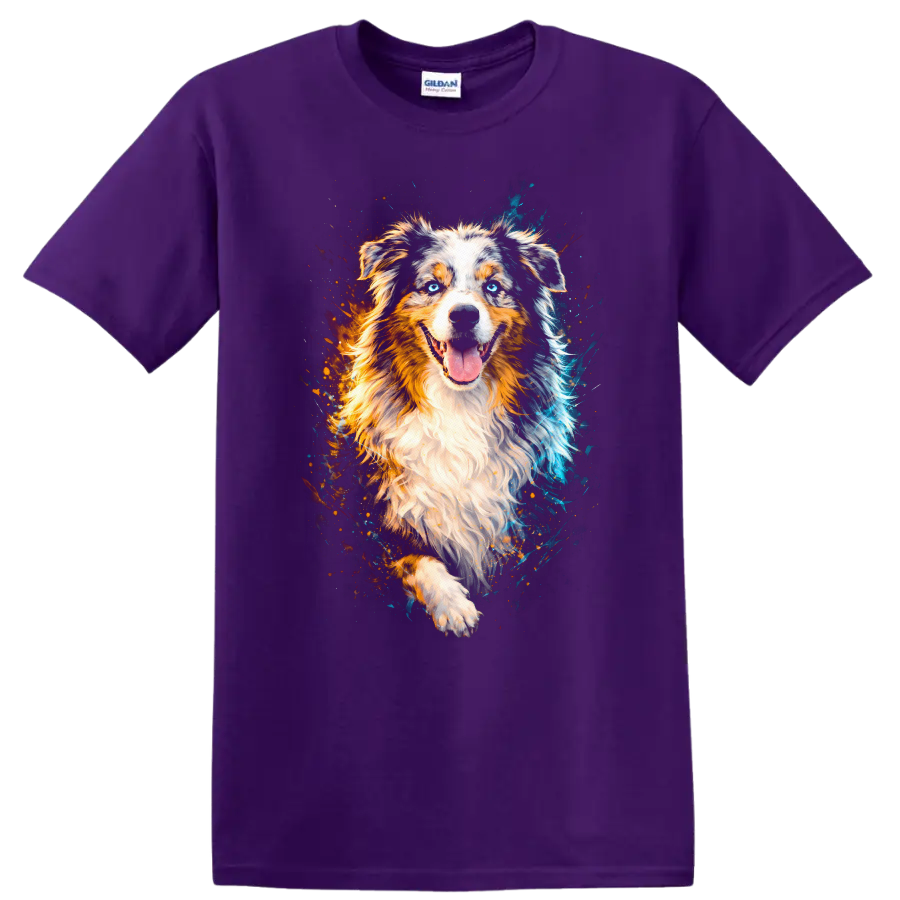 Australian Shepherd Dog Watercolor Portrait T Shirt for Dog Lovers on a Purple T Shirt