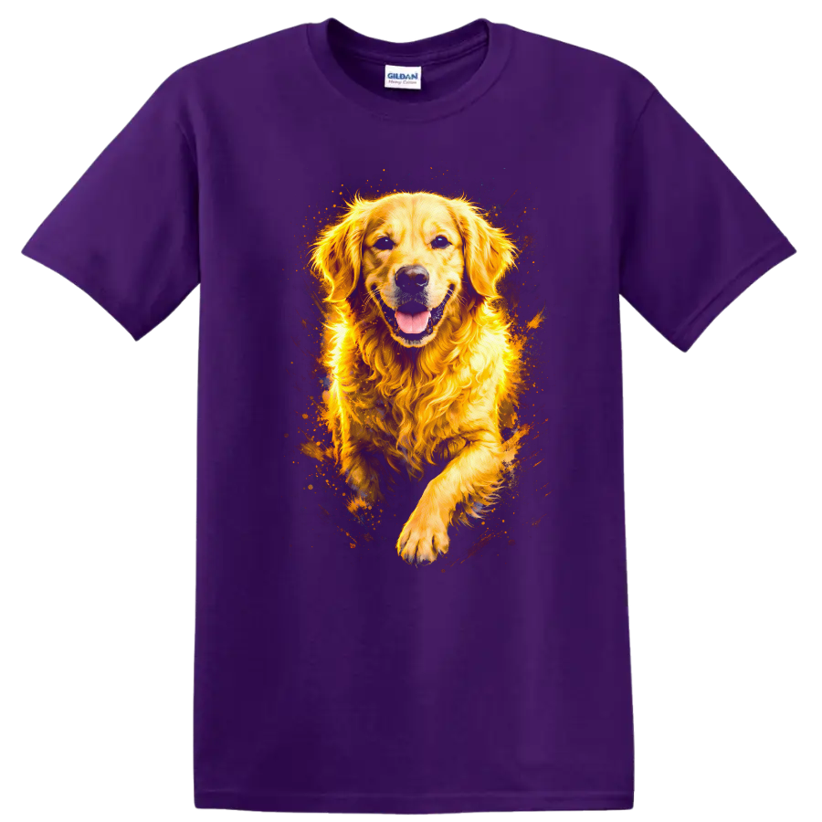 Golden Retriever Dog Splash Art T Shirt for Dog Lovers Unisex on a Purple T Shirt