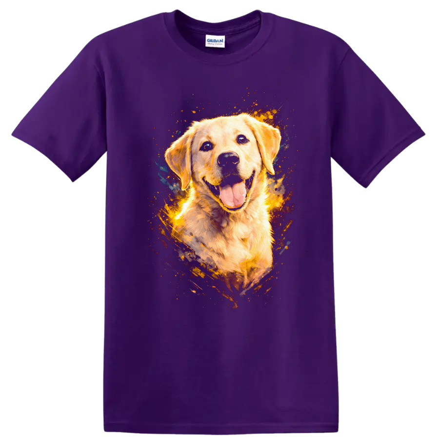 Golden Retriever Dog Splash Art T Shirt for Dog Lovers on a Purple T Shirt