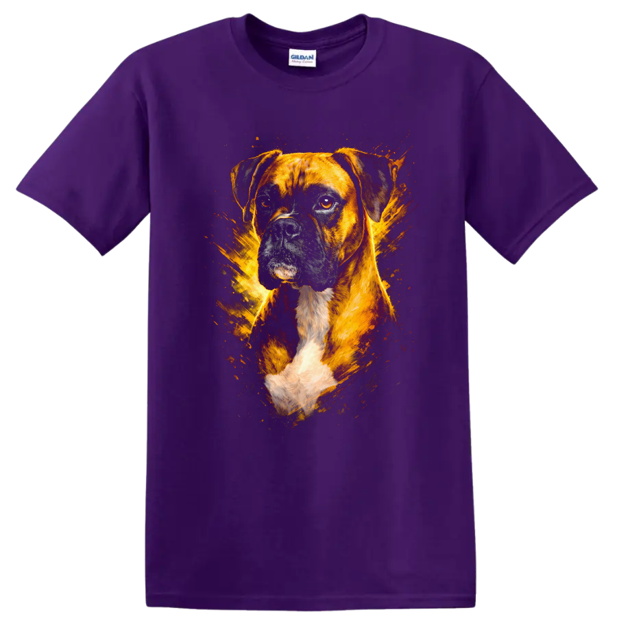 Boxer Dog Portrait Splash Art T Shirt for Dog Lovers on a Purple T Shirt