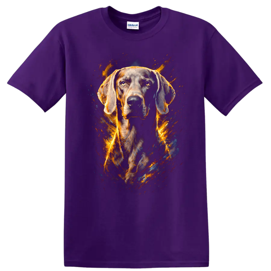 Flame Art Weimaraner Dog Portrait Unisex T Shirt for Dog Lovers on a Purple T Shirt