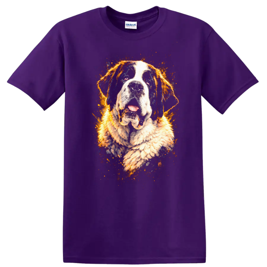 Saint Bernard Splash Art Dog Portrait T Shirt for Breed Lovers on a Purple T Shirt
