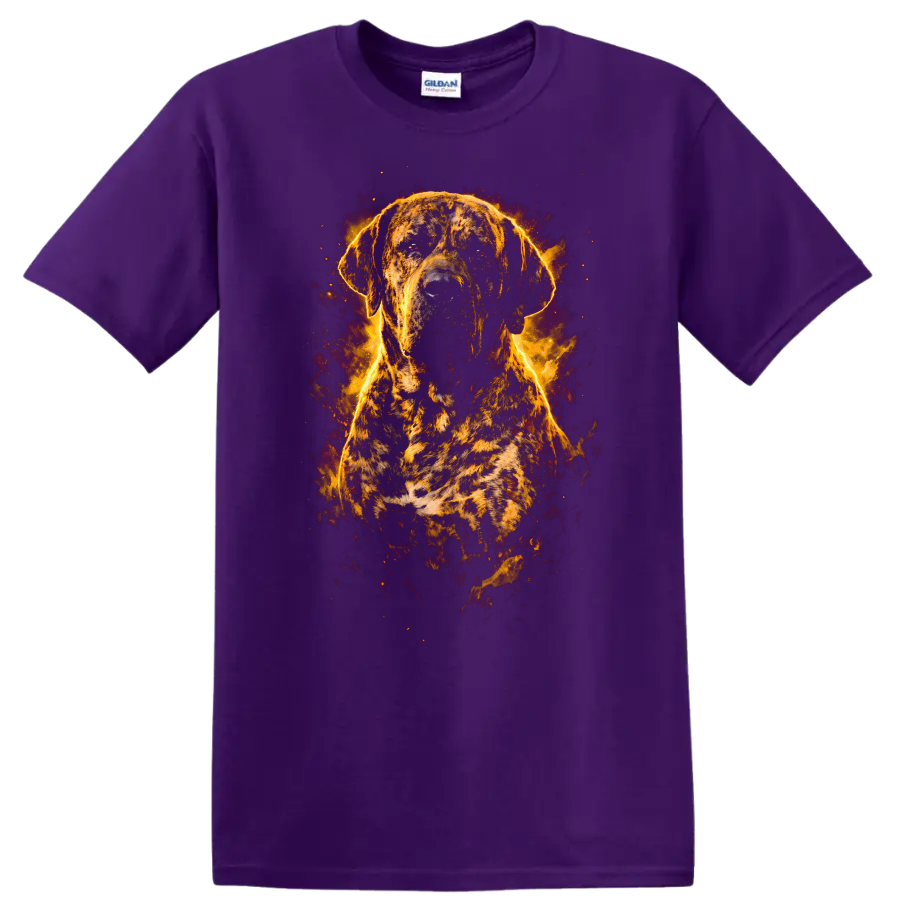 Brindle Dog Flame Portrait T Shirt for Dog Lovers Fiery Art Design on a Purple T Shirt