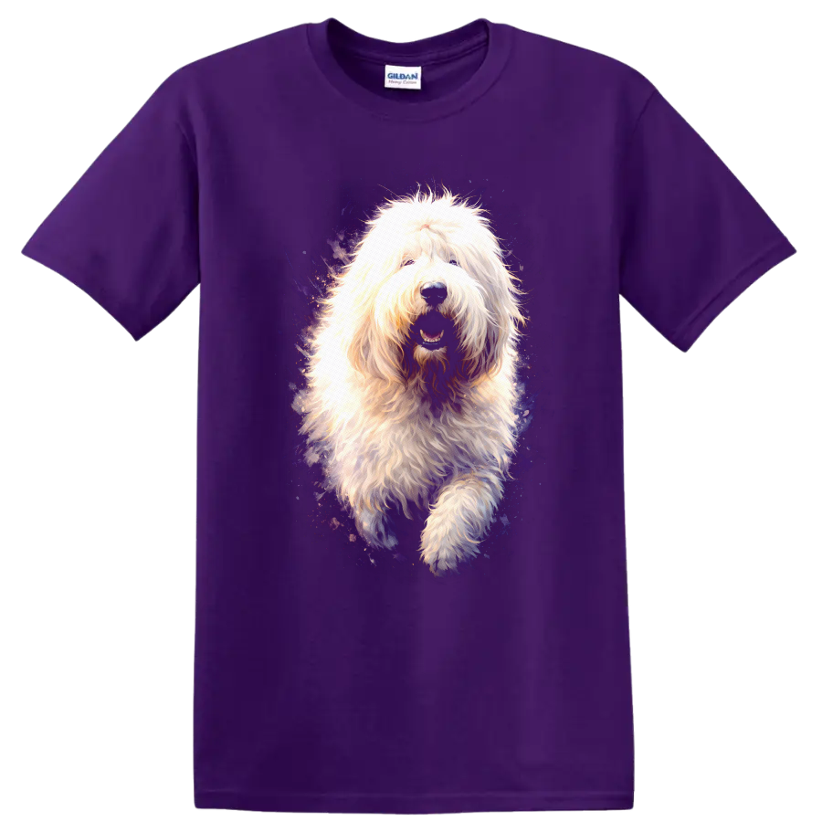 Fluffy Old English Sheepdog Dog Portrait T Shirt, Cosmic Neon Style on a Purple T Shirt