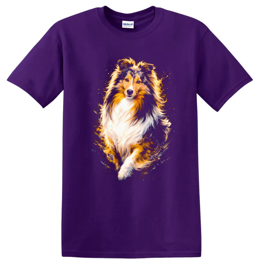 Shetland Sheepdog Dog Portrait T Shirt Colorful Pet Lover Gift on a Purple T Shirt