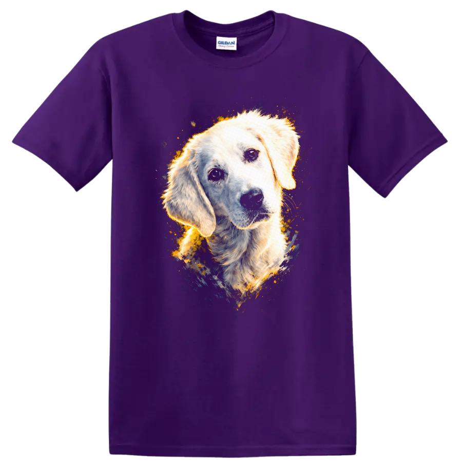Golden Retriever Dog Portrait T Shirt Watercolor Splash Pet Lover on a Purple T Shirt