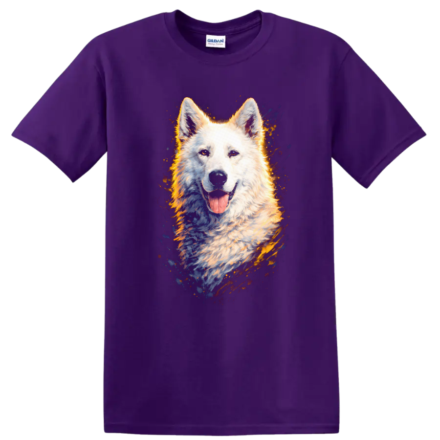 White Dog Portrait Splash Art T Shirt for Dog Lovers on a Purple T Shirt
