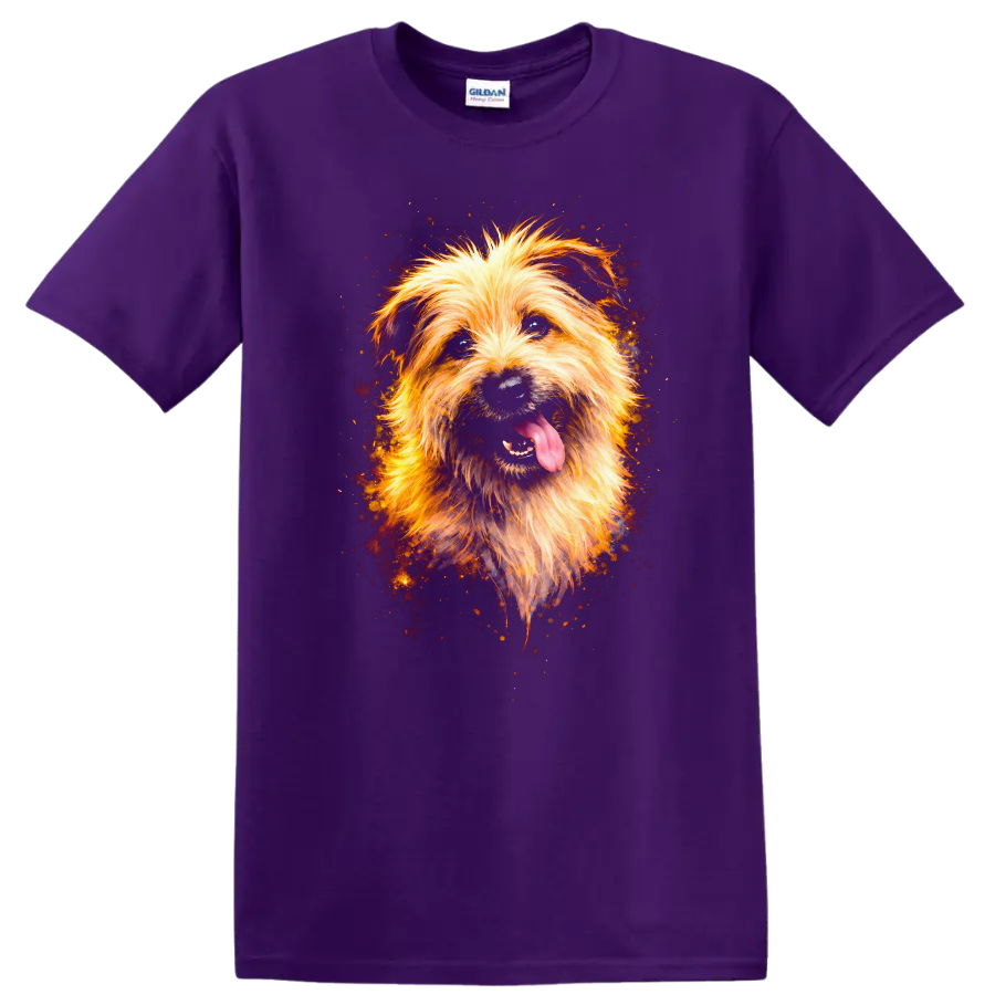 Fluffy Dog Portrait T Shirt Vibrant Splash Art Pet Lover Gift on a Purple T Shirt