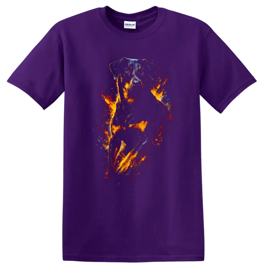 Rottweiler Fire Splash Art T Shirt Bold Dog Breed Graphic Tee on a Purple T Shirt