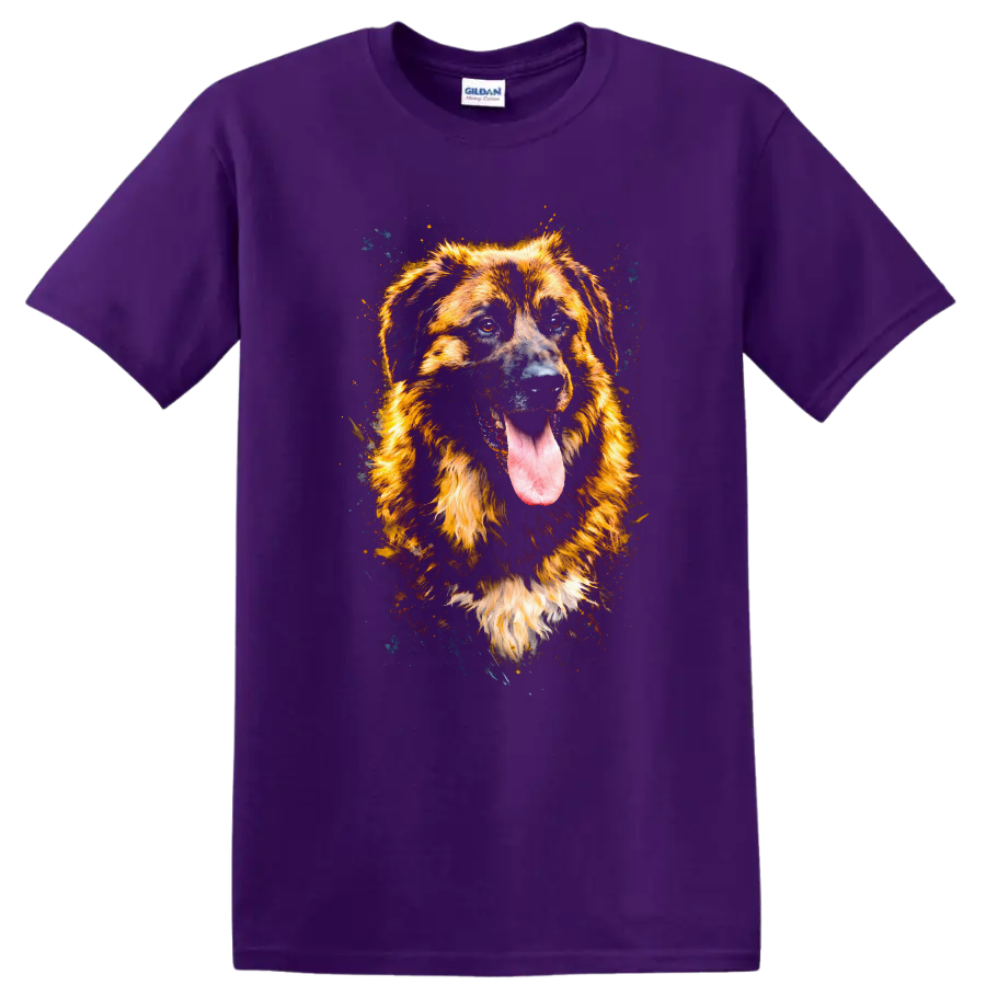 Golden Shepherd Dog Splash Art Portrait T-Shirt for Dog Lovers on a Purple T Shirt