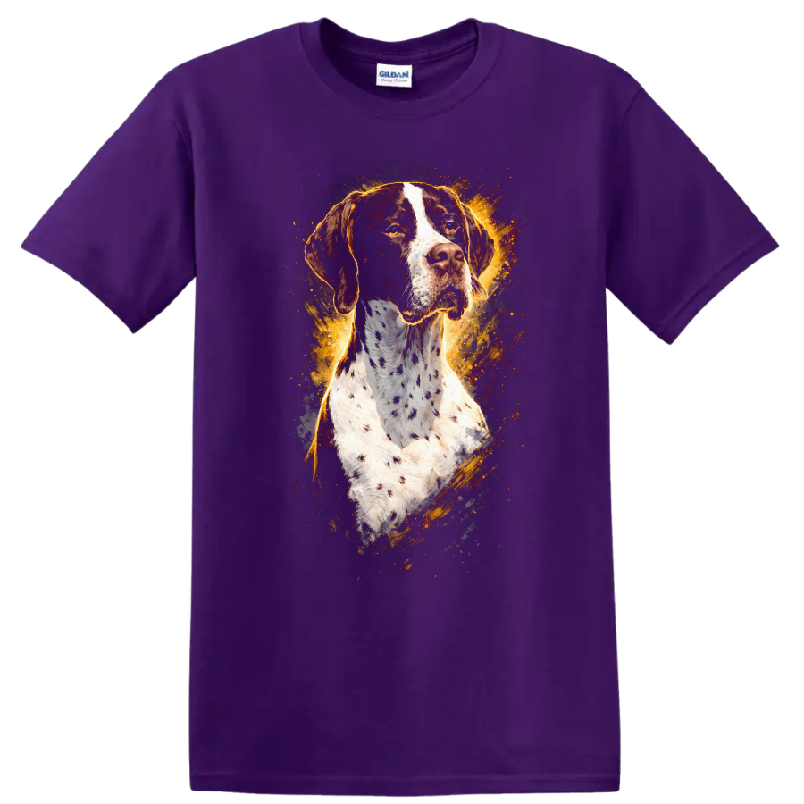 German Shorthaired Pointer Dog Portrait T Shirt Vintage Splash Art on a Purple T Shirt
