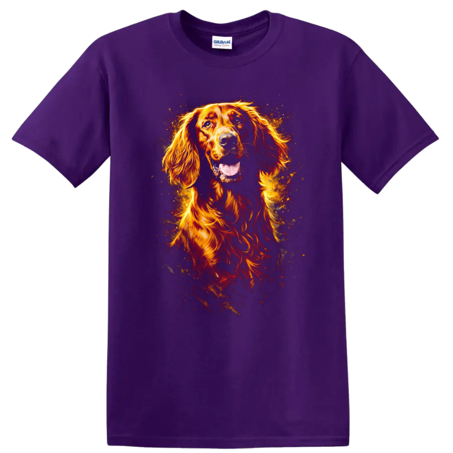 Golden Retriever Portrait Fire Glow T Shirt for Dog Lovers on a Purple T Shirt
