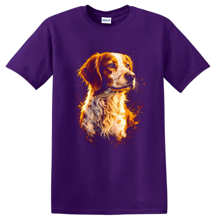 Golden Retriever Dog Portrait T Shirt Fiery Watercolor Art on a Purple T Shirt
