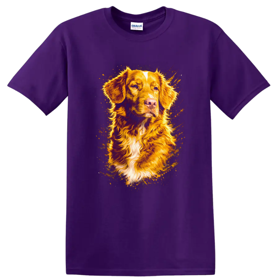 Golden Retriever Dog Portrait T Shirt Vibrant Splatter Style for Pet Lovers on a Purple T Shirt
