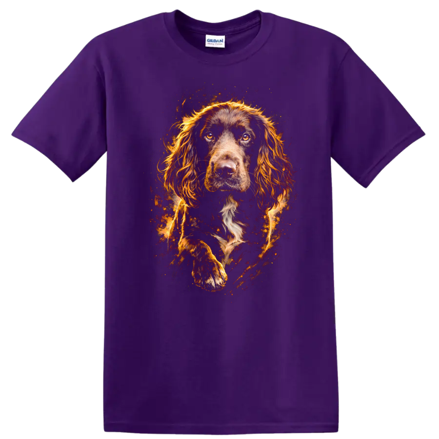 Flame Spaniel Portrait T Shirt for Dog Lovers with Fiery Artistic Style - Purple