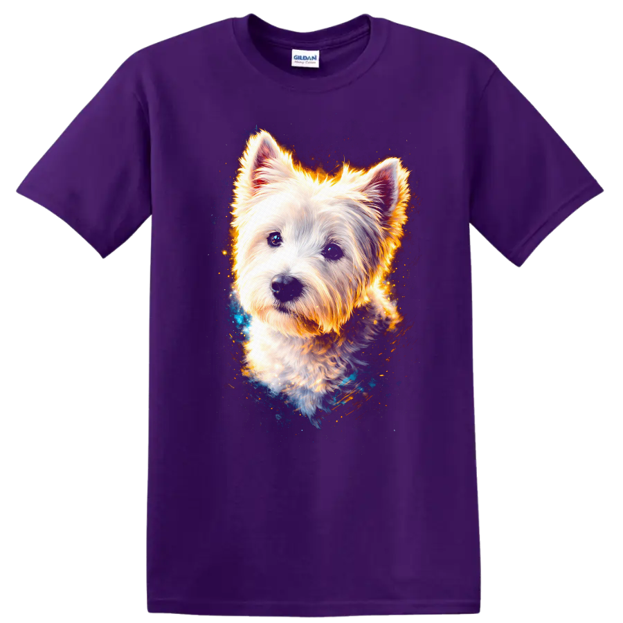 White West Highland Terrier Glow Portrait T Shirt for Dog Lovers on a Purple T Shirt