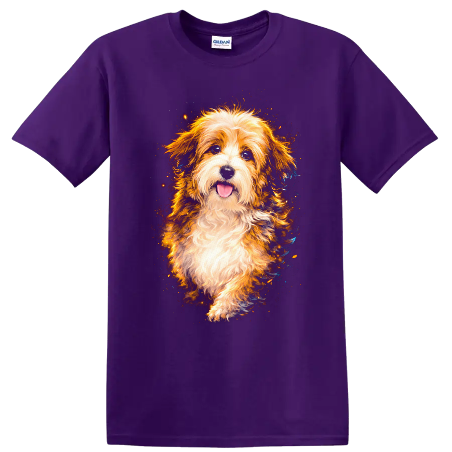 Fluffy Dog Portrait T Shirt Bright Colorful Pet Lover Graphic on a Purple T Shirt