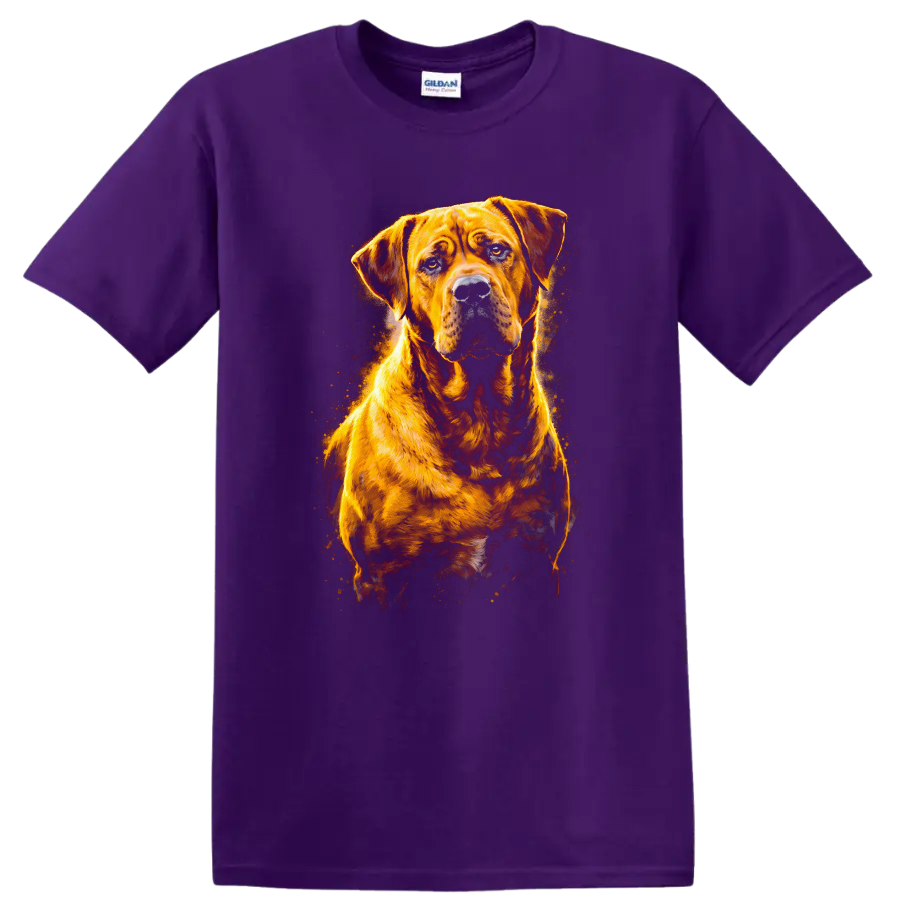 Bullmastiff Dog Portrait T-Shirt Vibrant Watercolor Splash on a Purple T Shirt