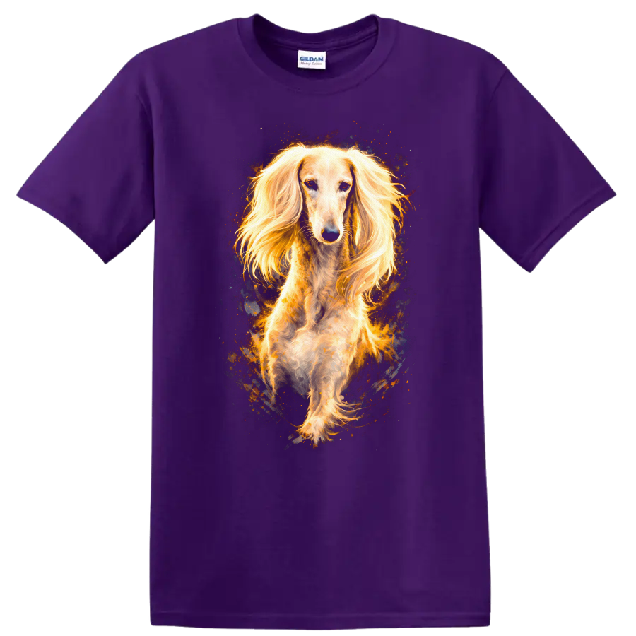 Golden Long Haired Dachshund Portrait T Shirt for Dog Lovers on a Purple T Shirt