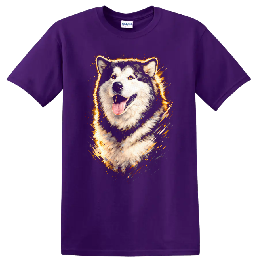 Flaming Husky Dog Portrait Graphic T Shirt for Dog Lovers on a Purple T Shirt