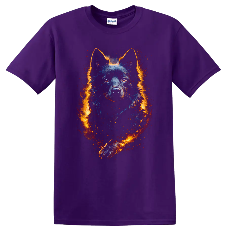 Wolf Dog Neon Flame Portrait T Shirt for Animal Lovers on a Purple T Shirt