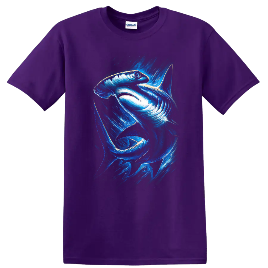 Blue Shark Art Graphic T Shirt Ocean Predator Abstract Wildlife Tee - Purple