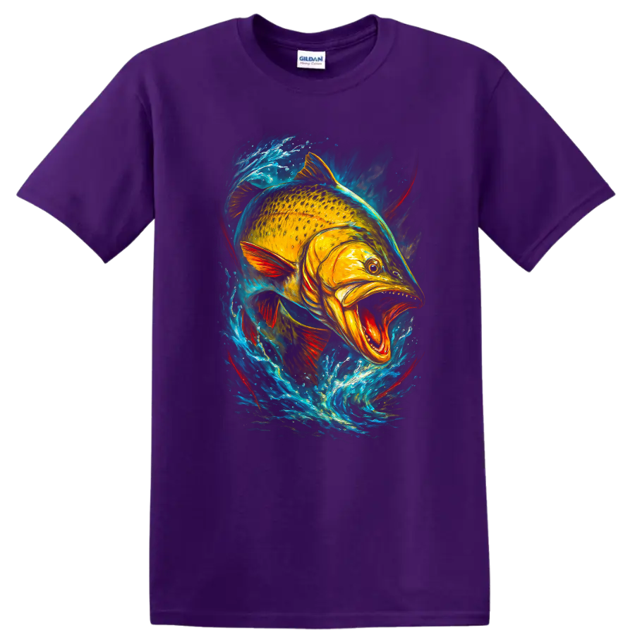 Vibrant Fish Splash Art T Shirt Bold Colorful Aquatic Angler Design - Purple