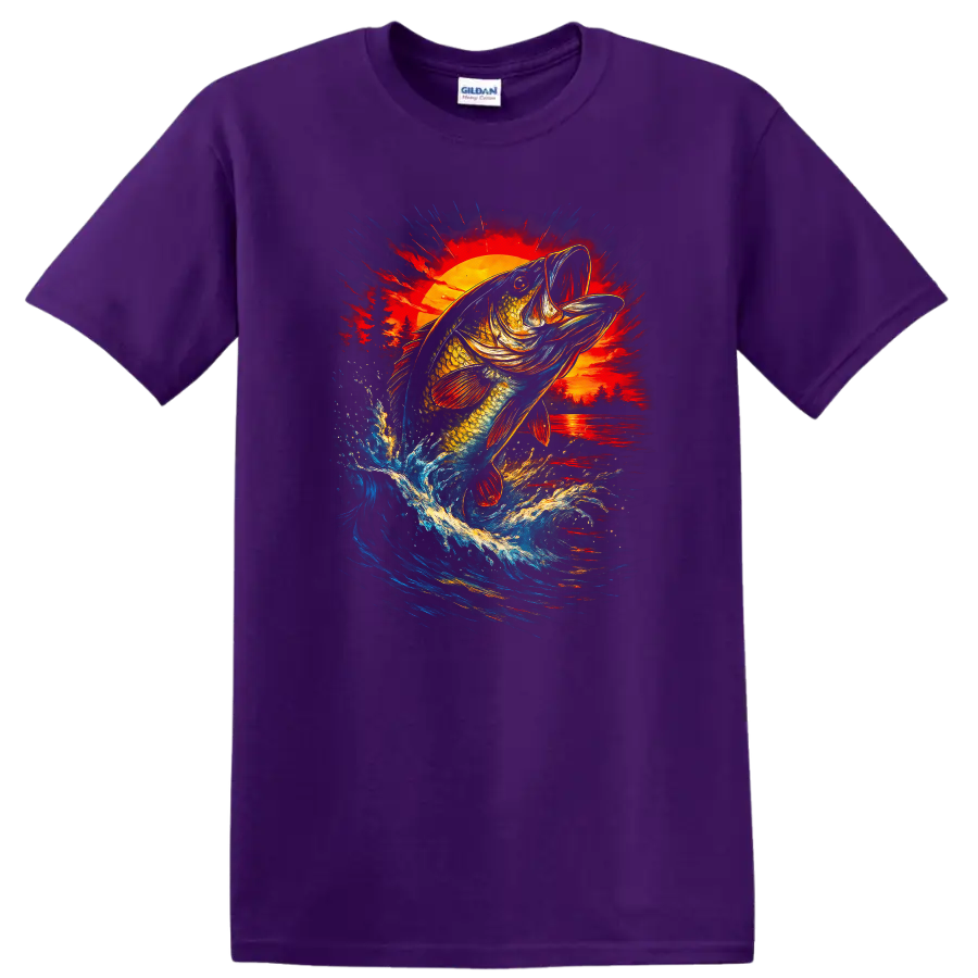 Colorful Bass Fish Jumping at Sunset Fishing T Shirt - Purple