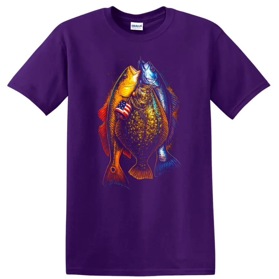 Patriotic Fish Trio American Flag Graphic T Shirt - Purple