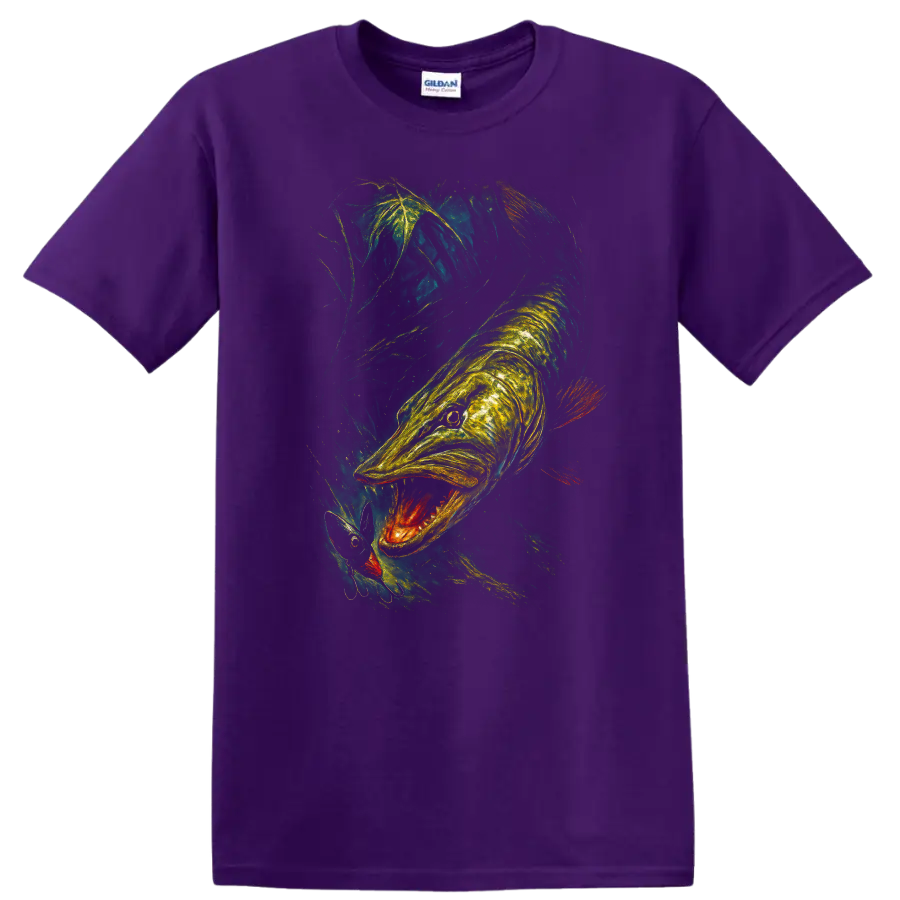 Glowing Fish Predator Art T Shirt Neon Underwater Hunting Scene - Purple