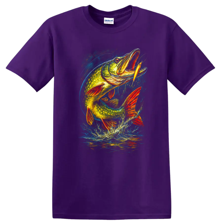 Colorful Pike Fish Lure Jumping Art T Shirt for Anglers - Purple