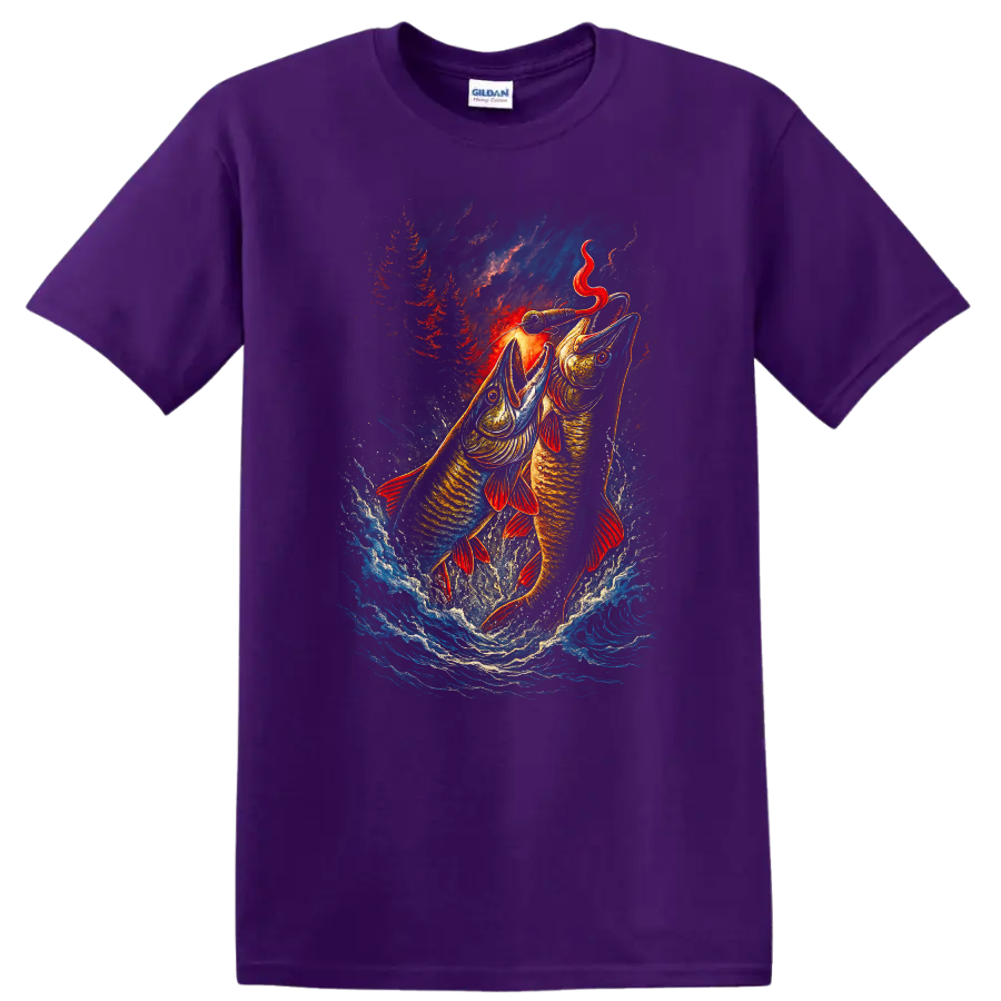 Fishing Lure Fish Jumping Art Graphic T Shirt for Anglers - Purple