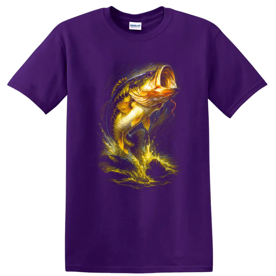 Glowing Largemouth Bass Fish Splash Art T Shirt for Anglers - Purple